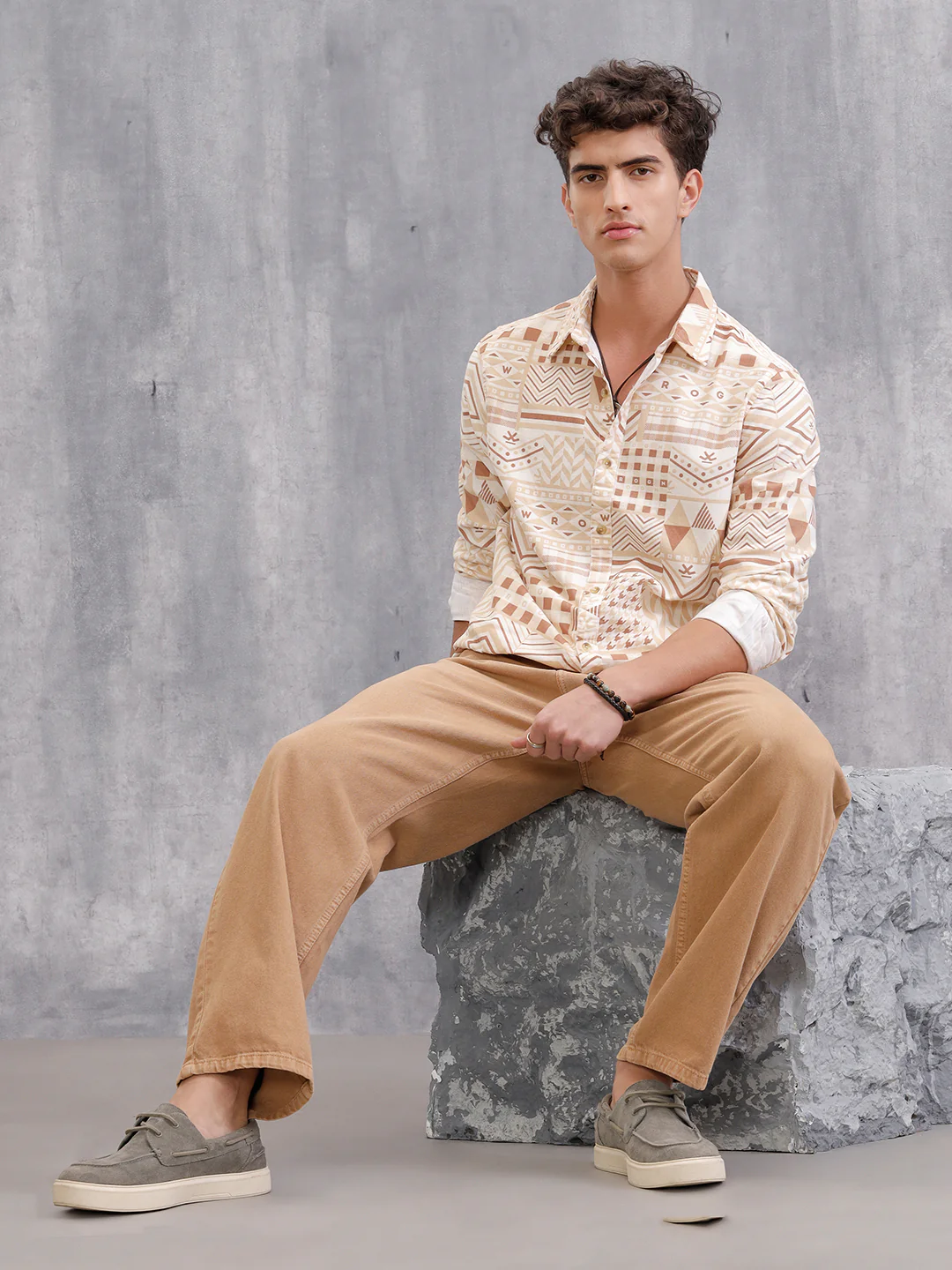 Corduroy Geometric Printed Shirt In Slim Fit | Beige - Image 2