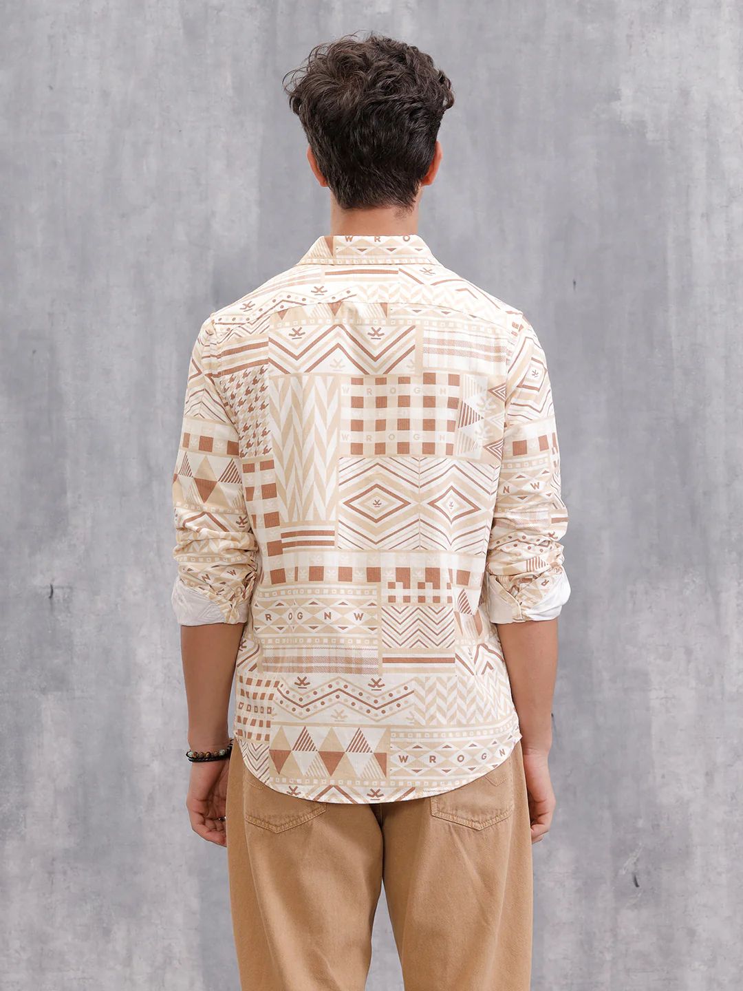 Corduroy Geometric Printed Shirt In Slim Fit | Beige - Image 3