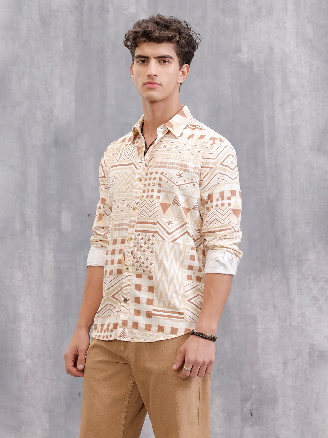 Corduroy Geometric Printed Shirt In Slim Fit | Beige - Image 5
