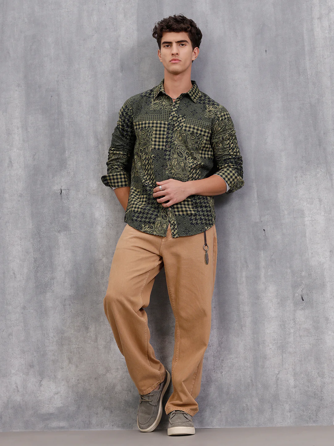 Corduroy Printed Shirt In Slim Fit | Olive - Image 3