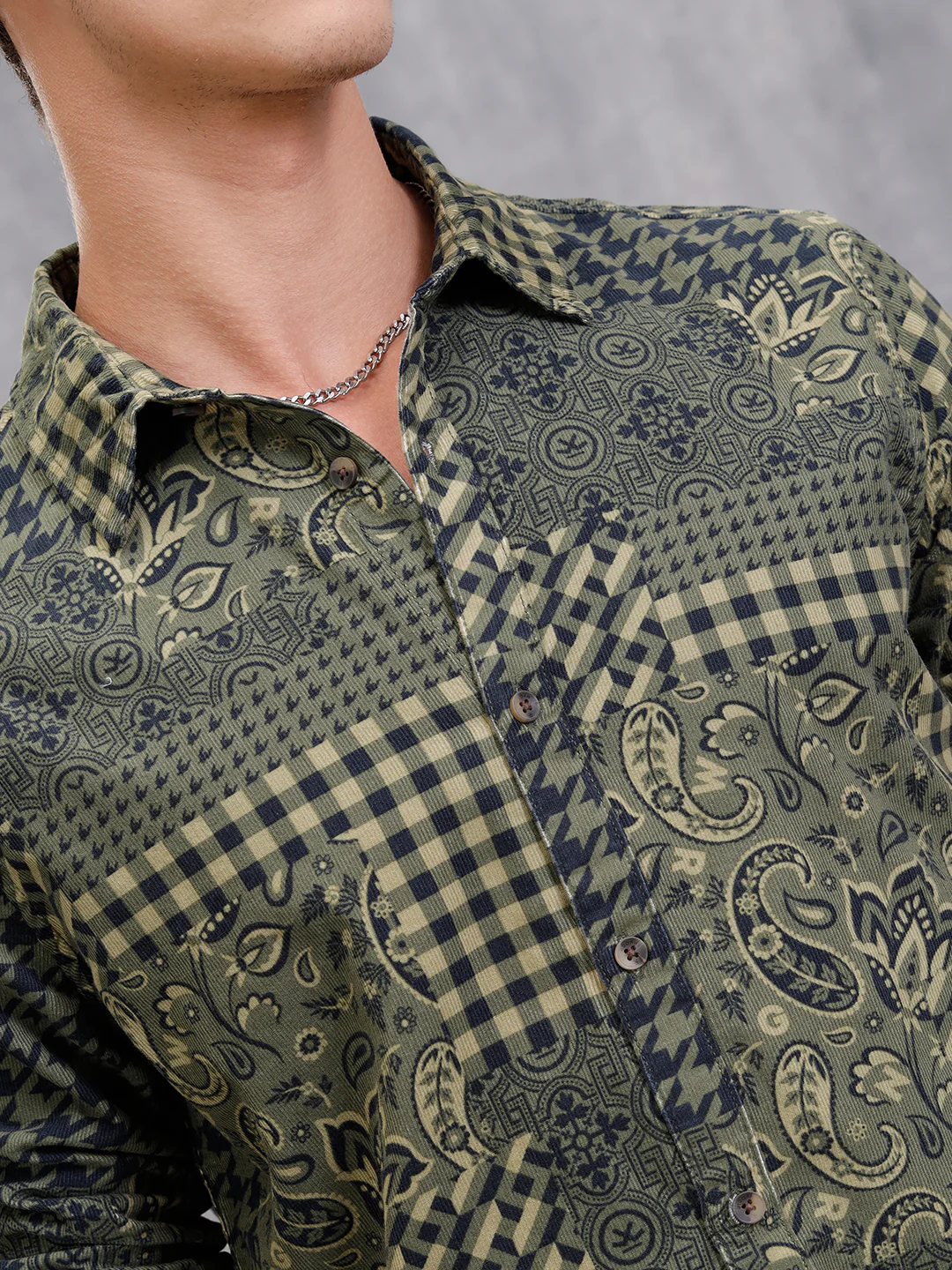 Corduroy Printed Shirt In Slim Fit | Olive - Image 5