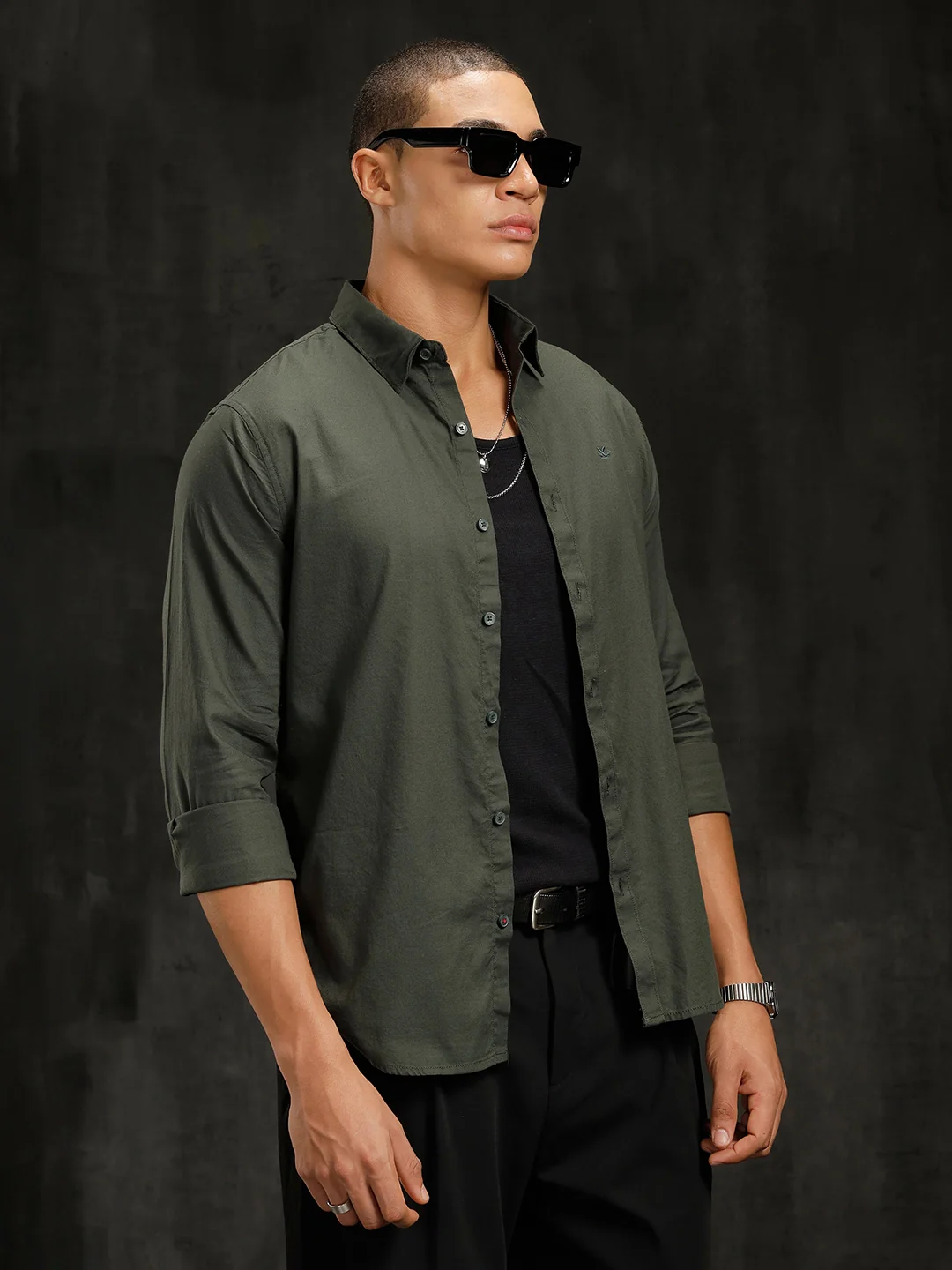 Cotton Dobby Full Sleeve Shirt | Olive - Image 4