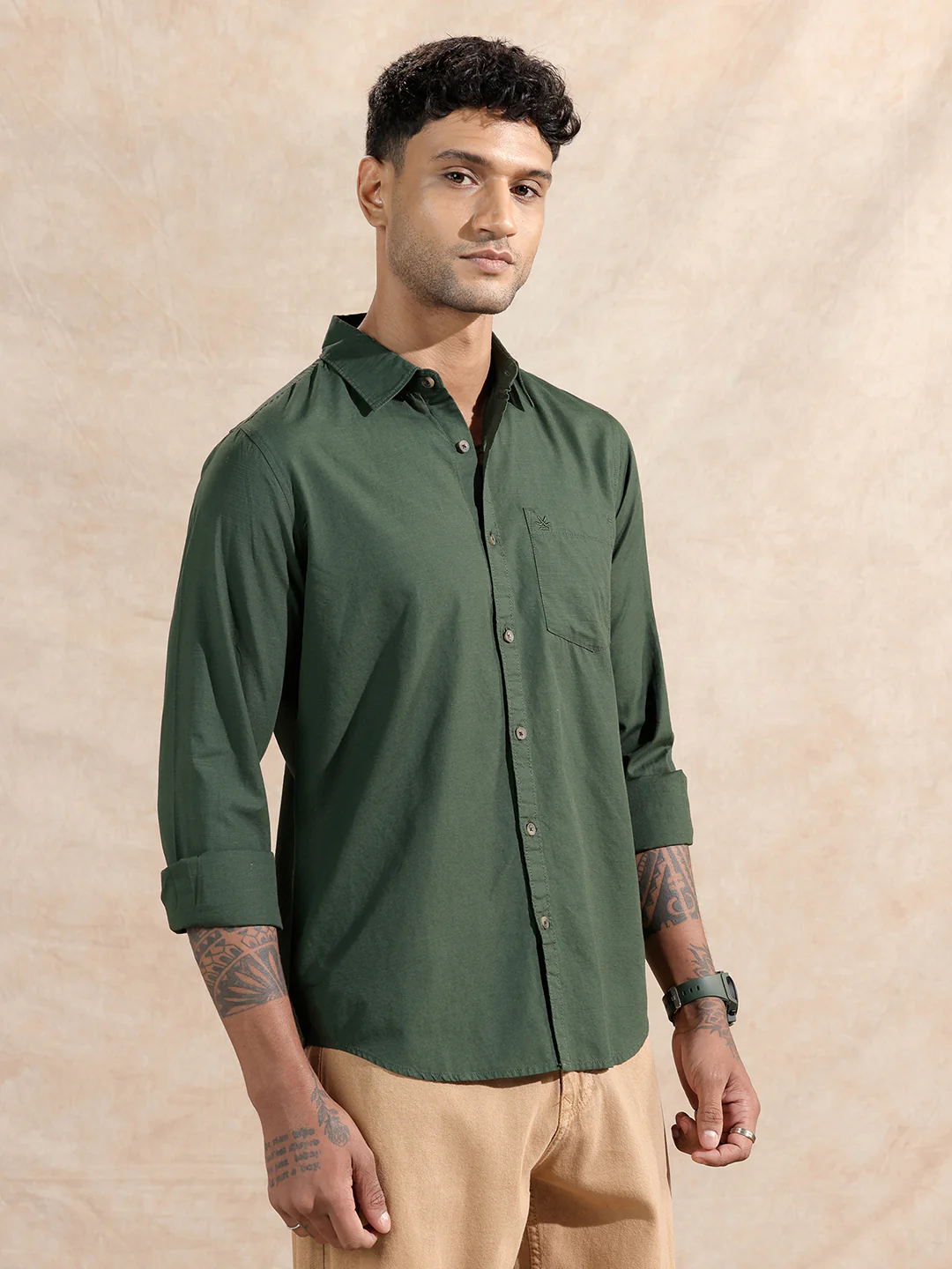 Cotton Slub Solid Shirt | Olive - Image 4