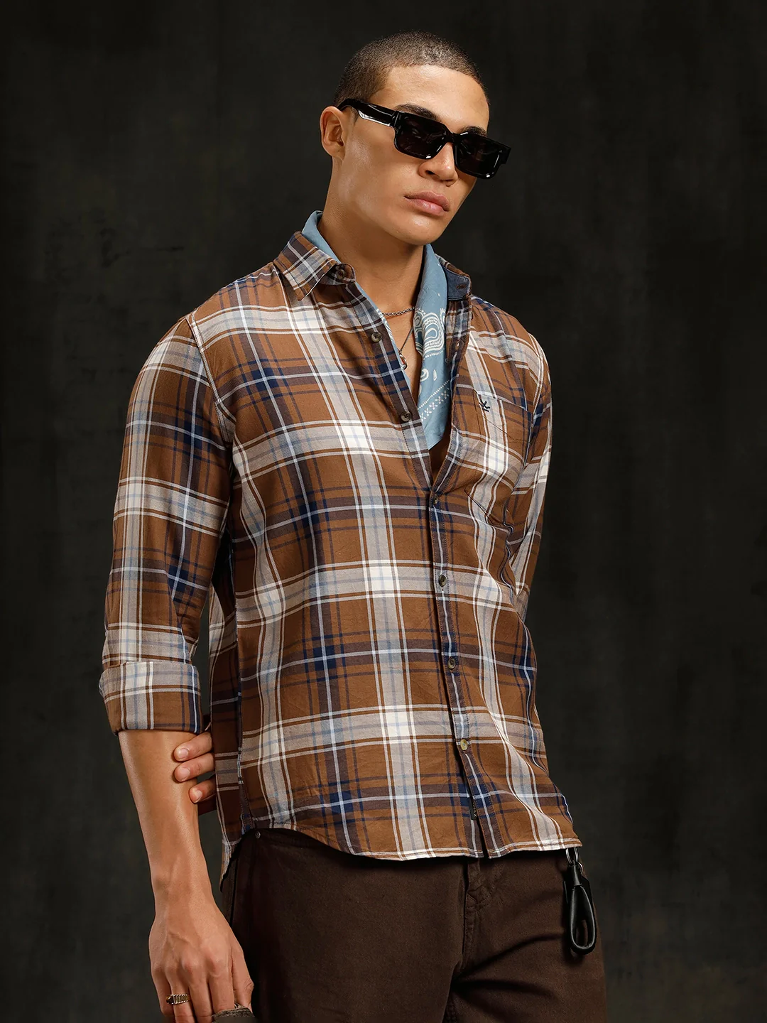 Cotton Twill Checked Shirt | Brown - Image 4
