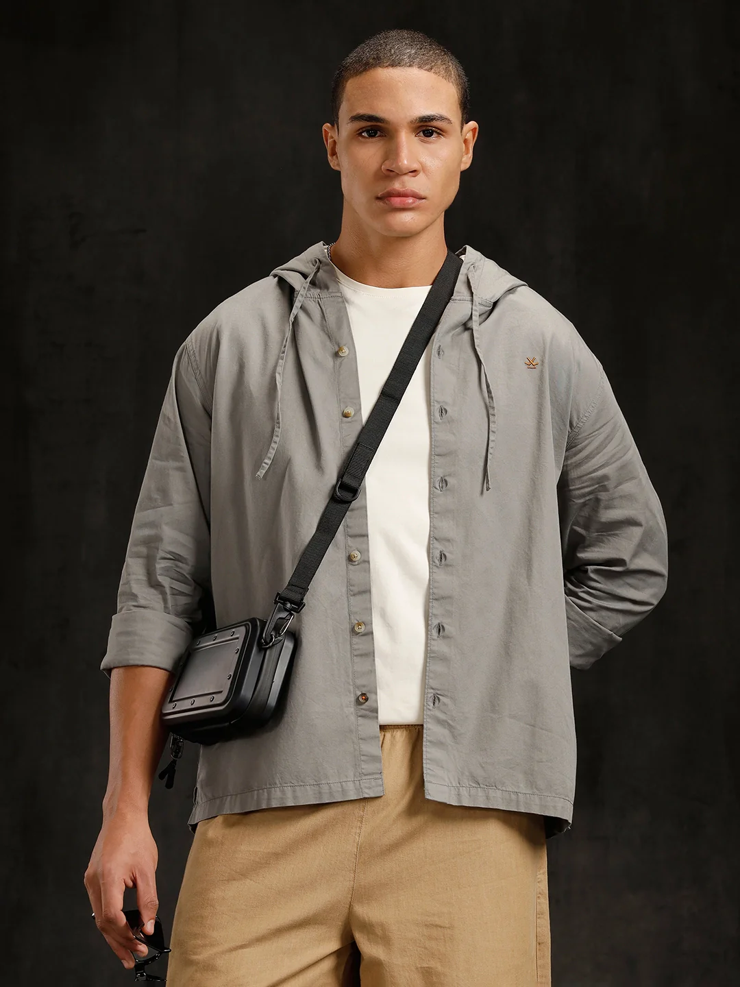 Cotton Twill Hoded Shirt | Grey - Image 3