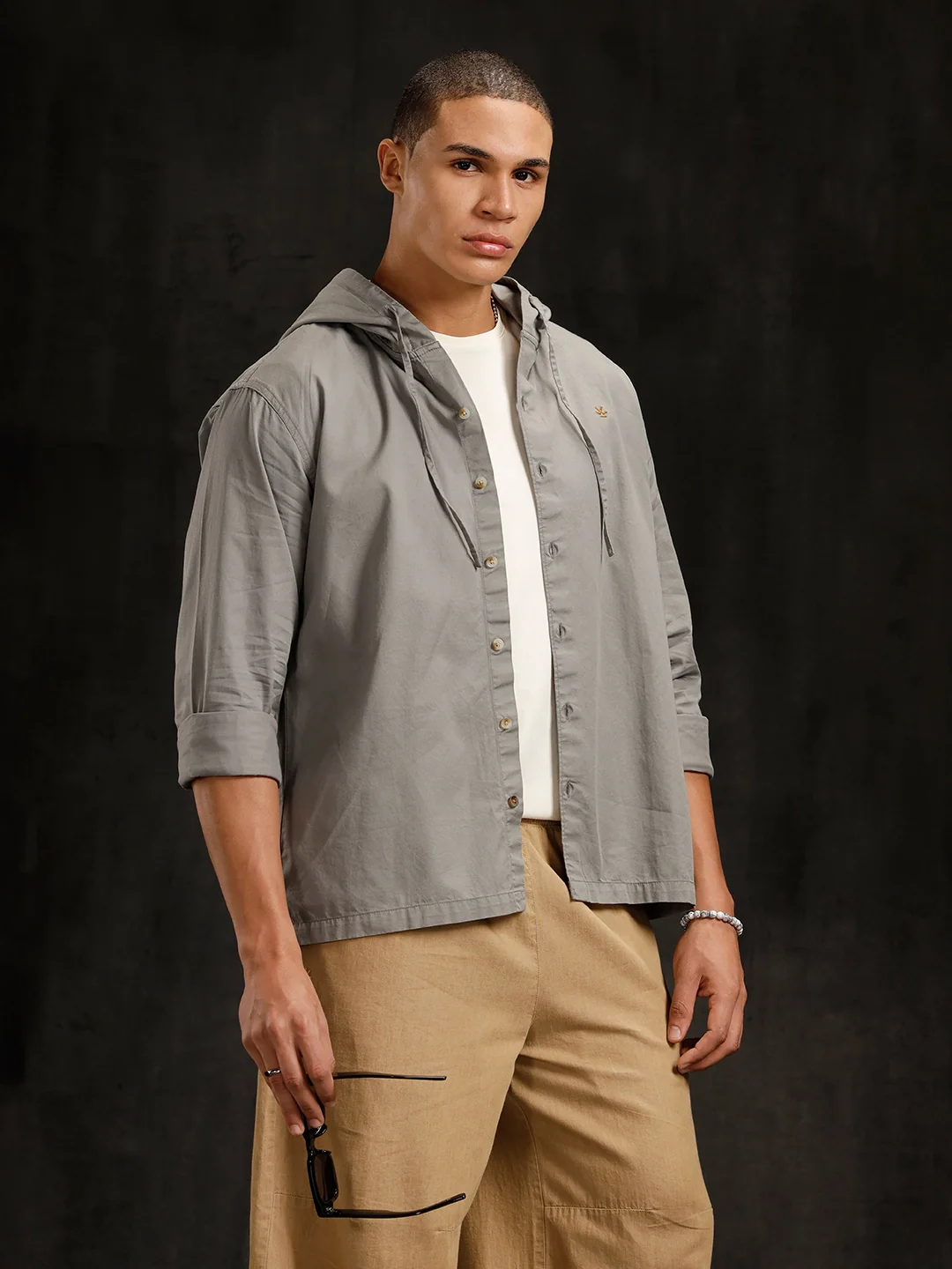 Cotton Twill Hoded Shirt | Grey - Image 6