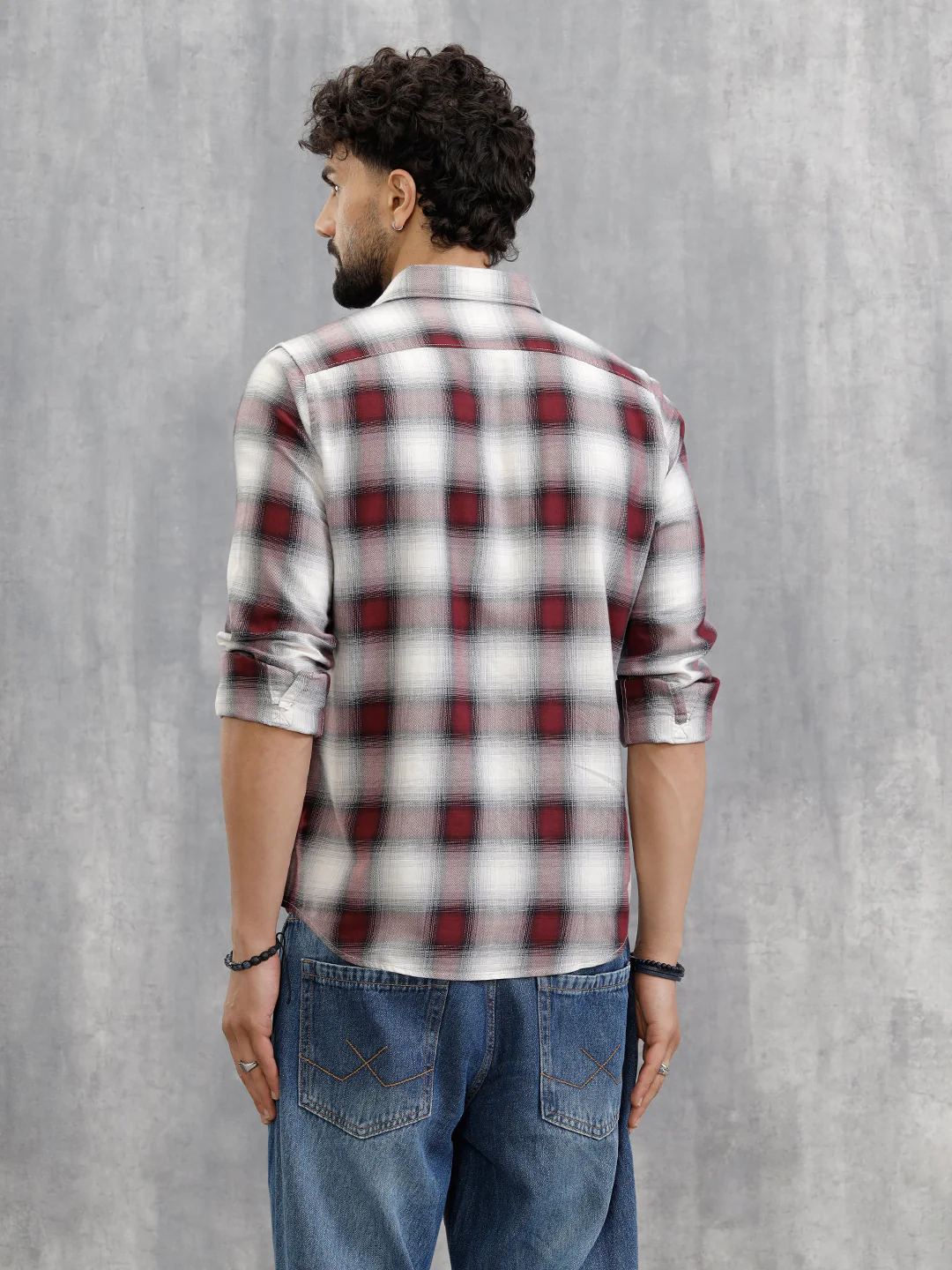 Cotton Twill Shadow Check Shirt In Slim Fit | Wine - Image 3