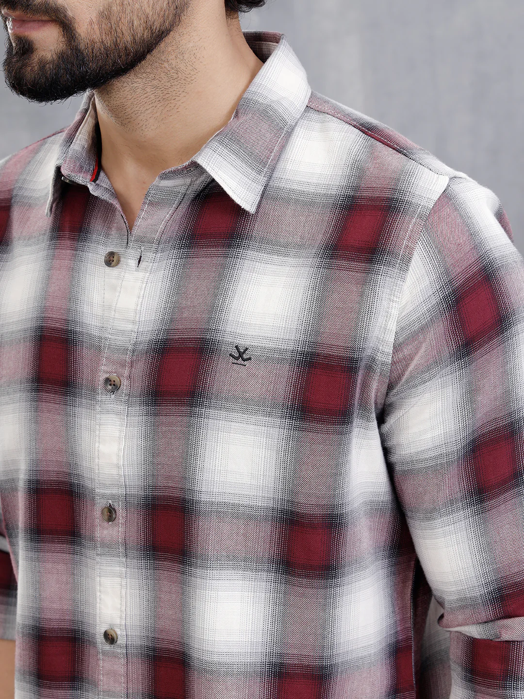 Cotton Twill Shadow Check Shirt In Slim Fit | Wine - Image 4