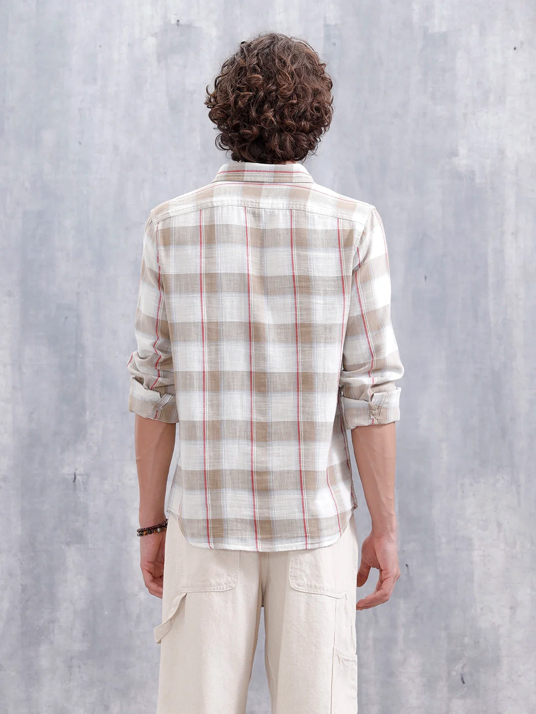 Cotton Twill Slub Checks Slim Fit Shirt | Beige - Image 3