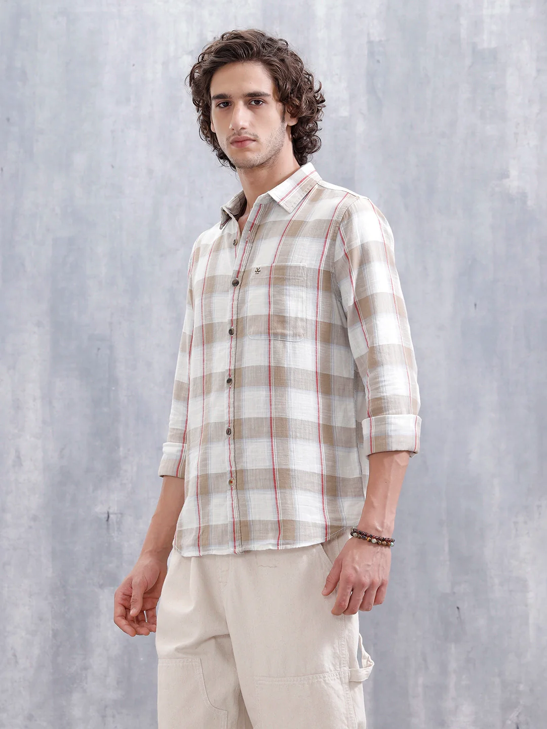 Cotton Twill Slub Checks Slim Fit Shirt | Beige - Image 4