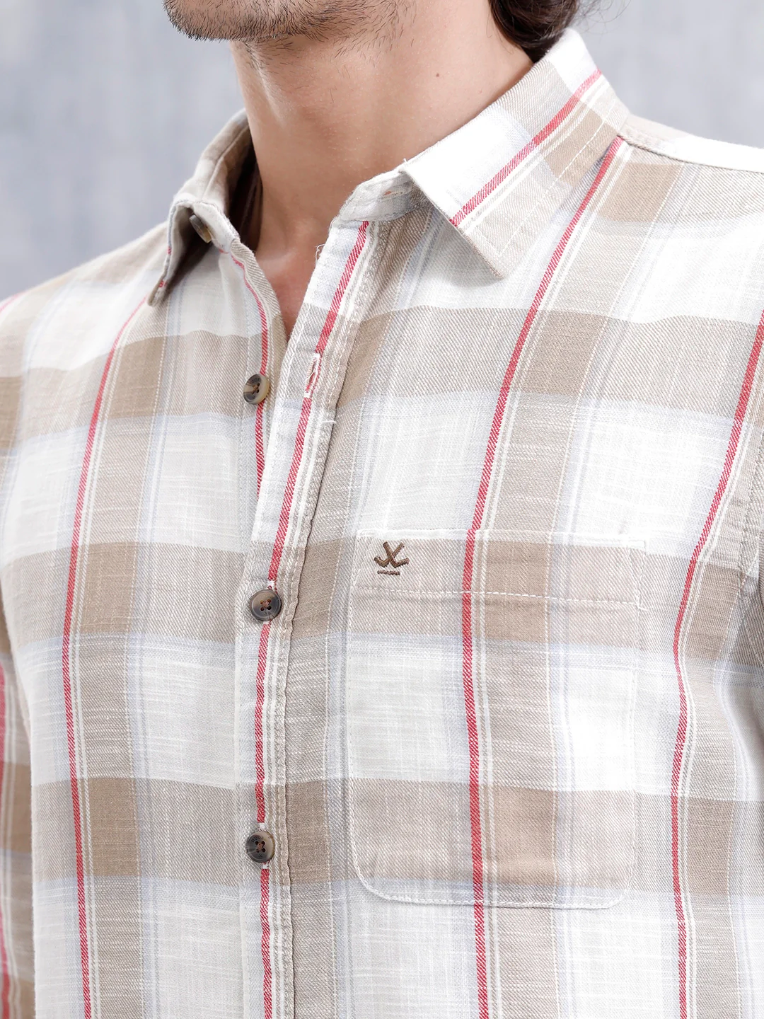 Cotton Twill Slub Checks Slim Fit Shirt | Beige - Image 5
