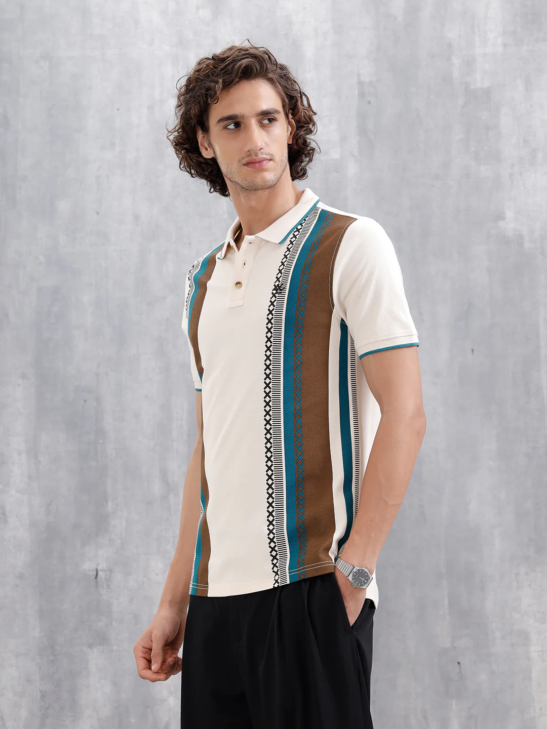 Cross-Stitch Inspired Printed Striped Slim Fit Shirt | Beige - Image 7