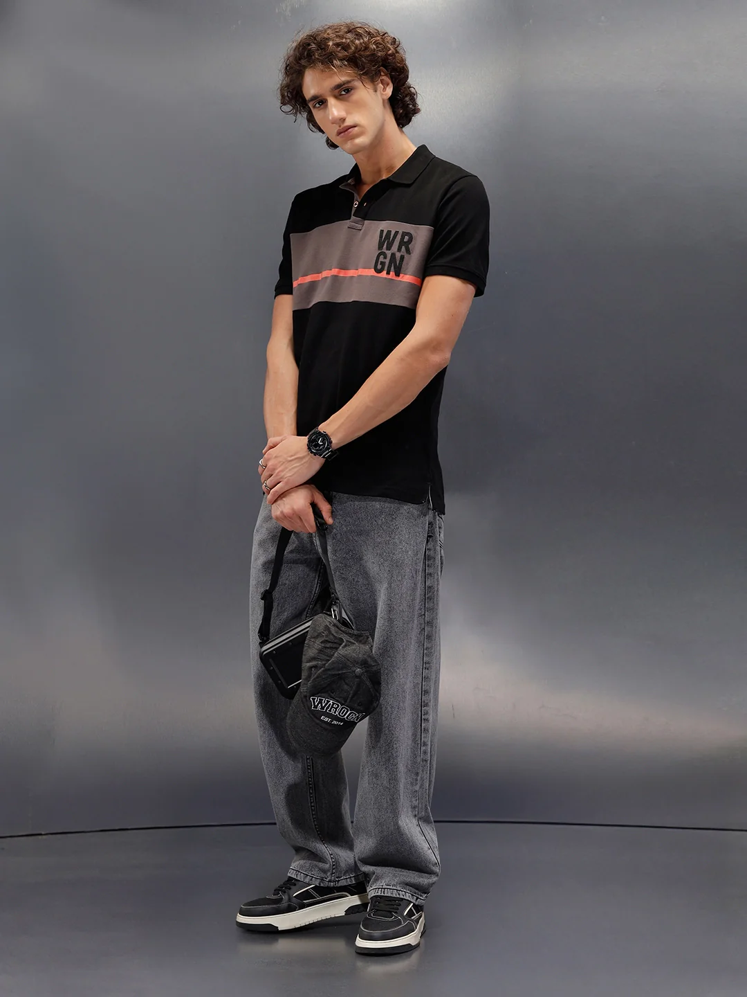 Cut&Sew Polo Collar Half Sleeve T-Shirt | Black - Image 2
