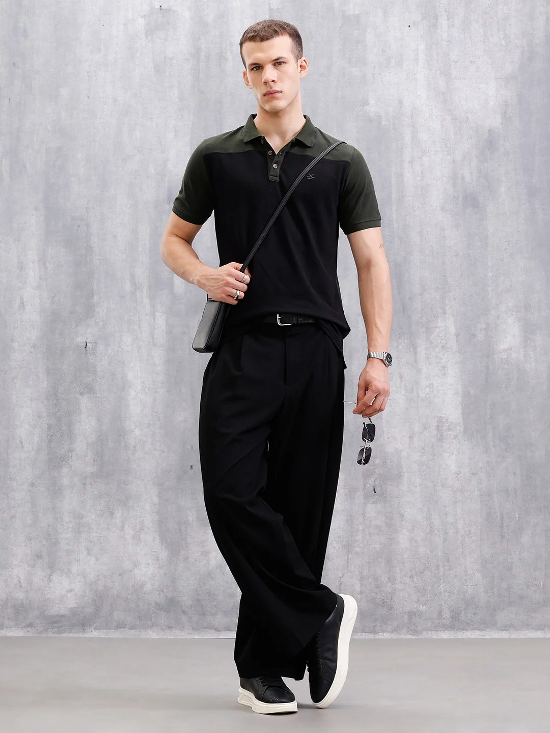 Cut & Sew Slim Fit Polo | Black/Olive - Image 2