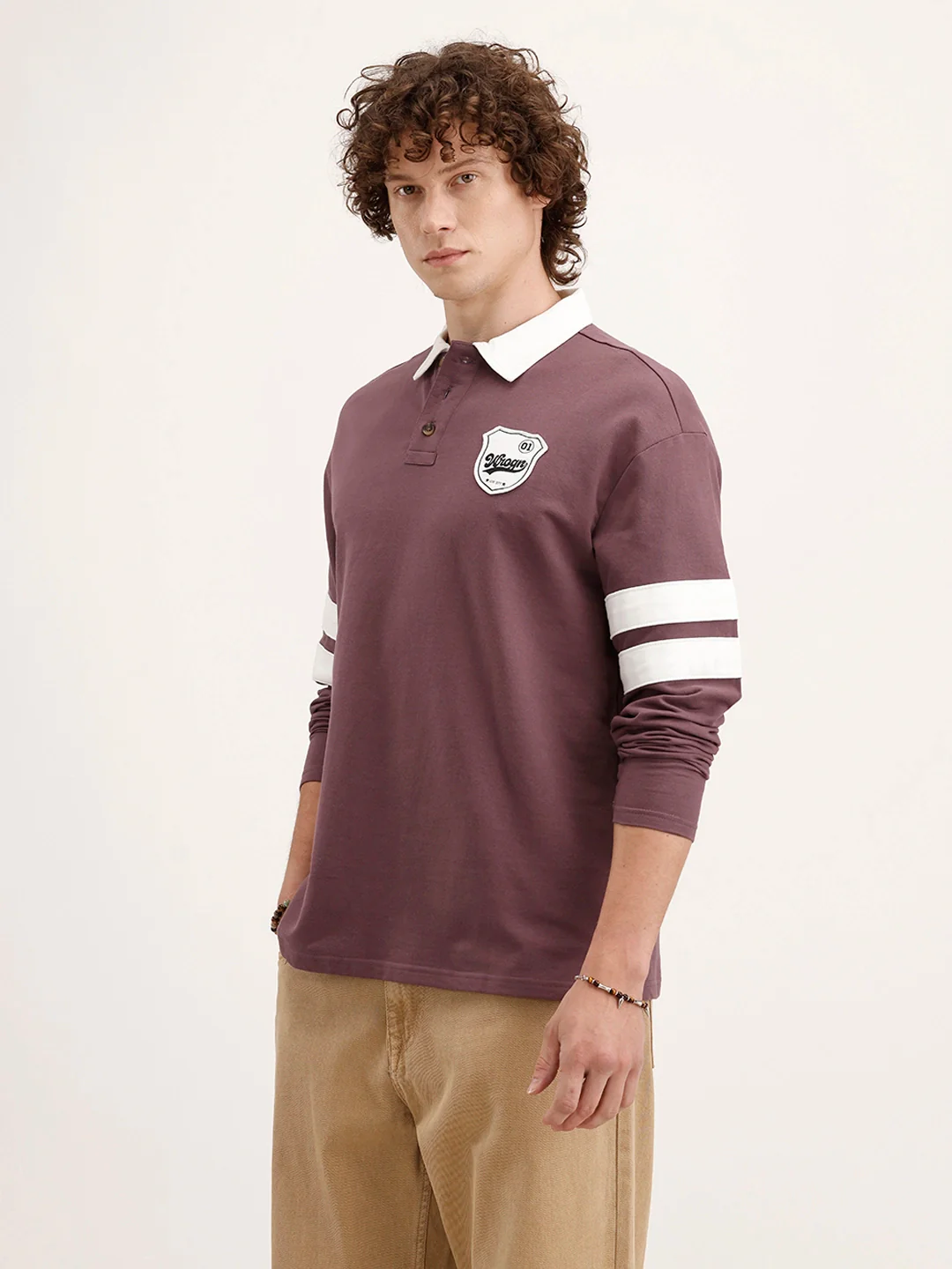 Oversized Patch Detailed Long Sleeve Polo T-Shirt | Purple - Image 4