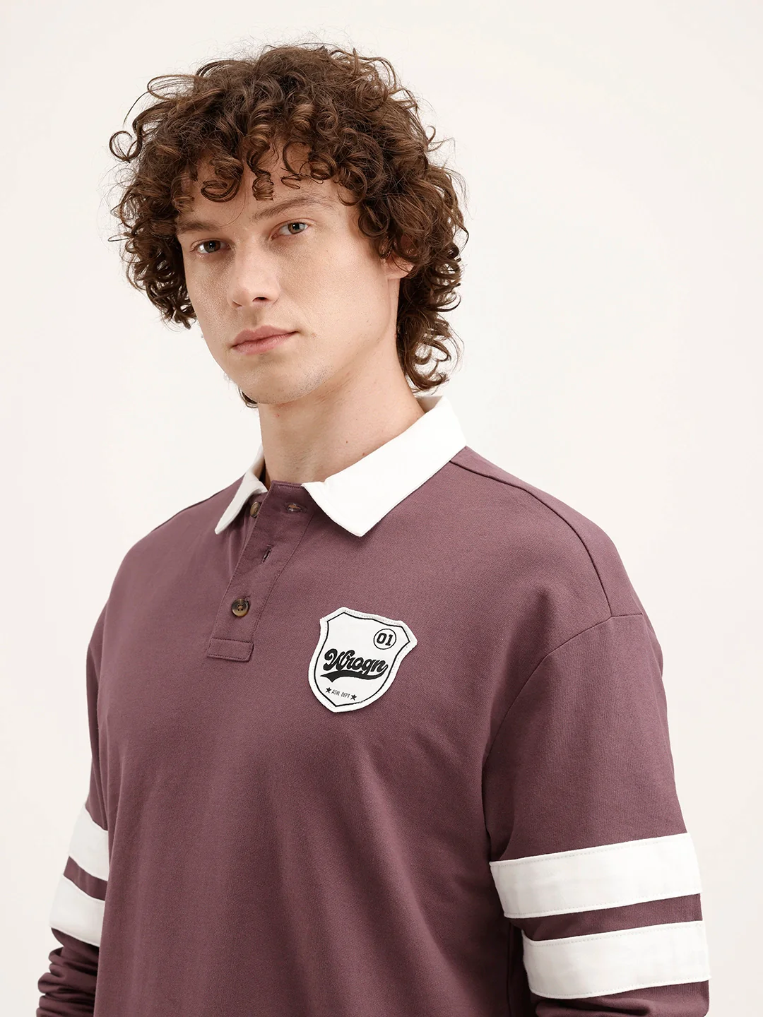 Oversized Patch Detailed Long Sleeve Polo T-Shirt | Purple - Image 5