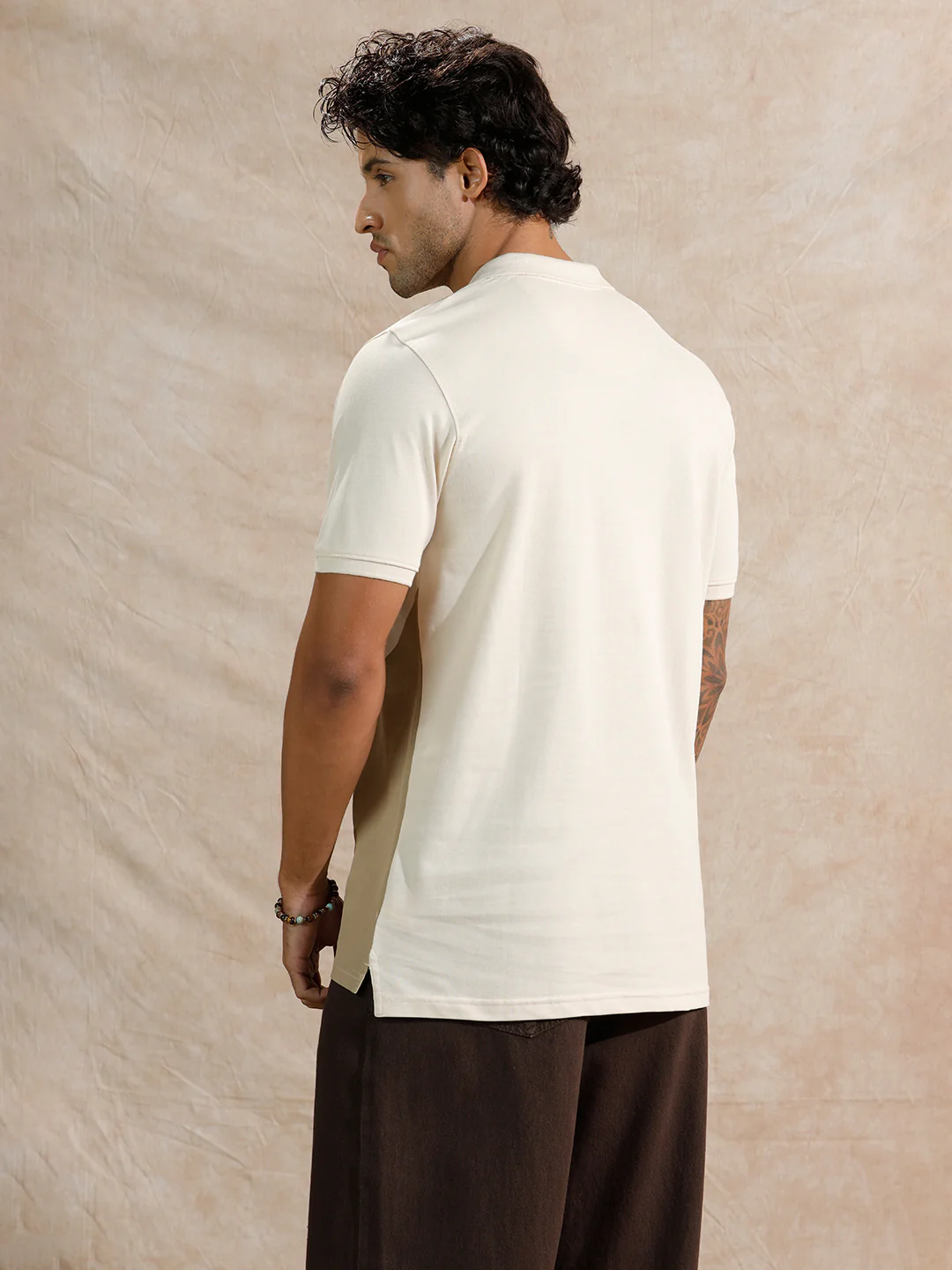 Diagonal Colour Blocked Polo T-Shirt | Beige - Image 3