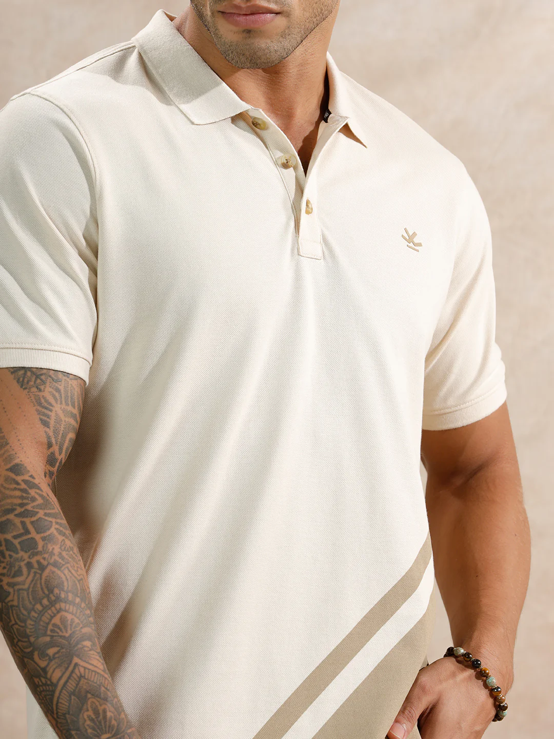 Diagonal Colour Blocked Polo T-Shirt | Beige - Image 5