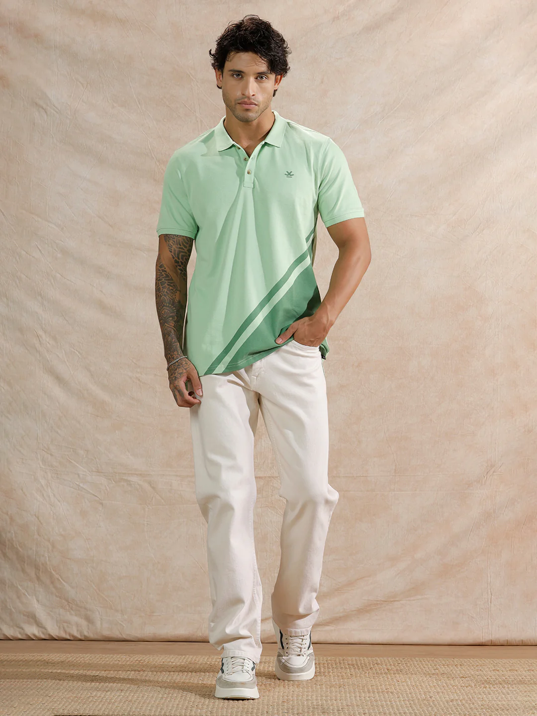 Diagonal Colour Blocked Polo T-Shirt | Light Green - Image 2