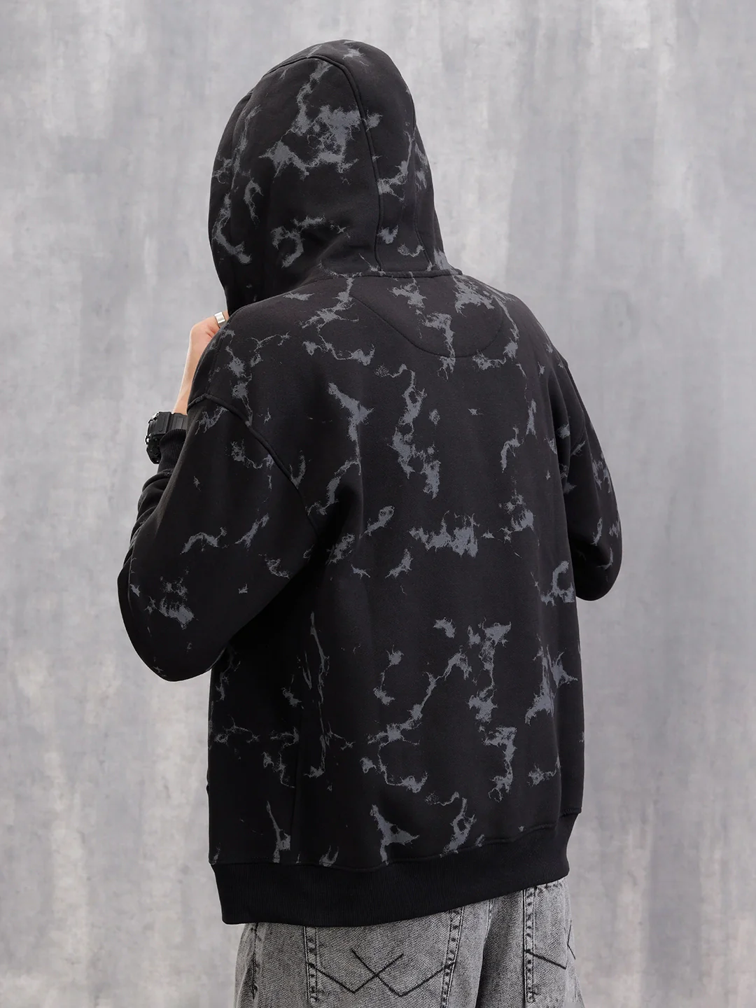 Distressed Printed Front Open Hooded Sweatshirt  |  Black - Image 3