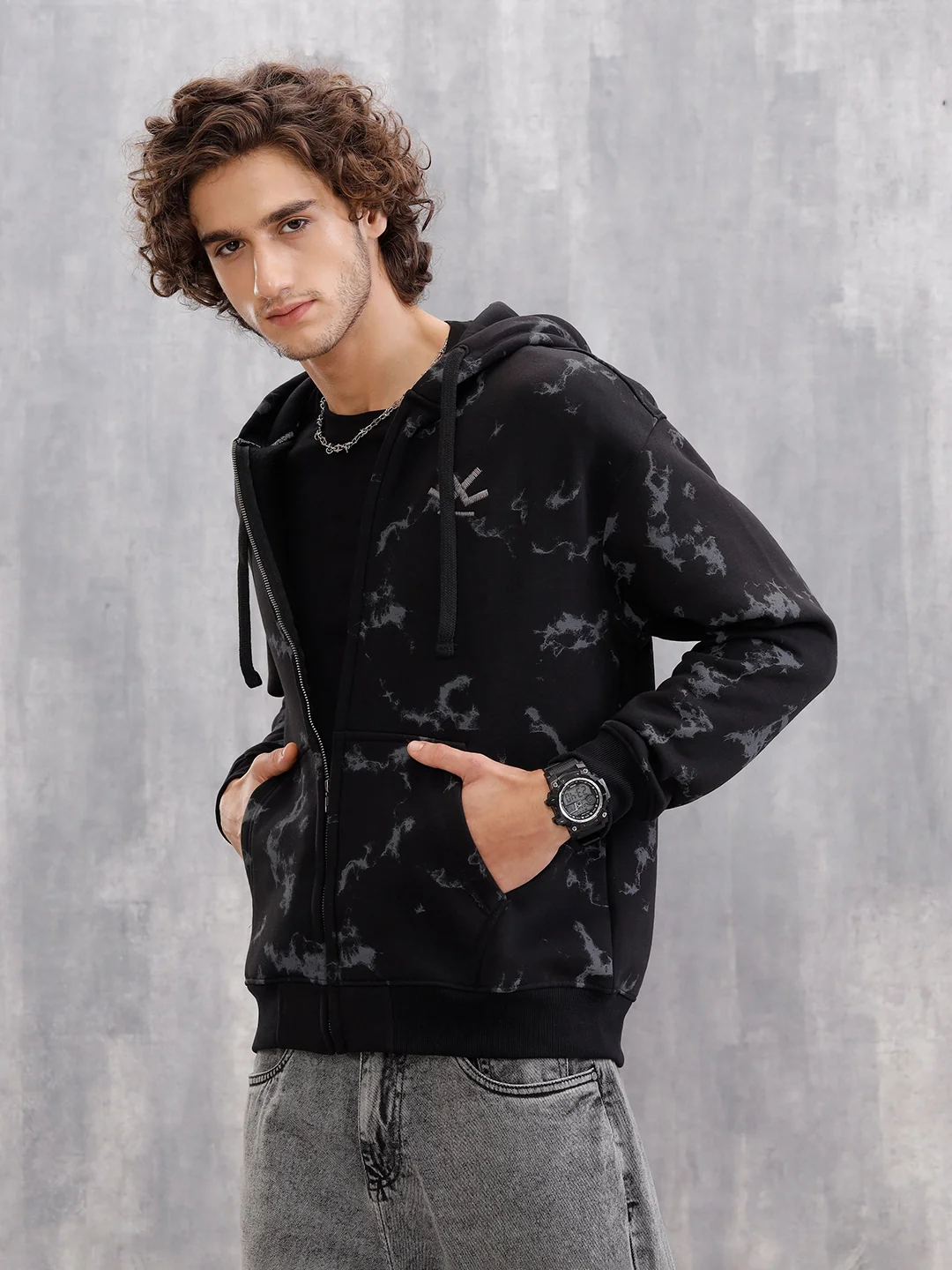 Distressed Printed Front Open Hooded Sweatshirt  |  Black - Image 5