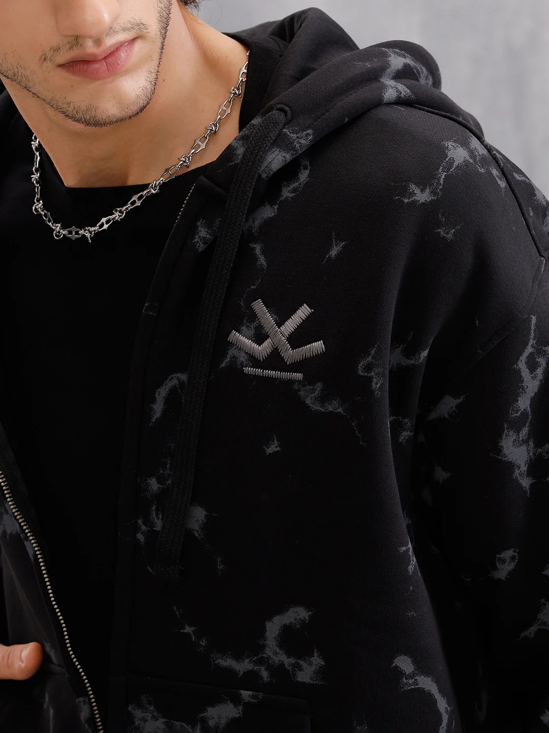 Distressed Printed Front Open Hooded Sweatshirt  |  Black - Image 6
