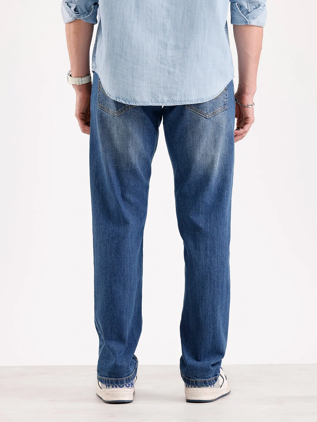 Distressed Straight Fit Denim Jeans   |  Blue - Image 3