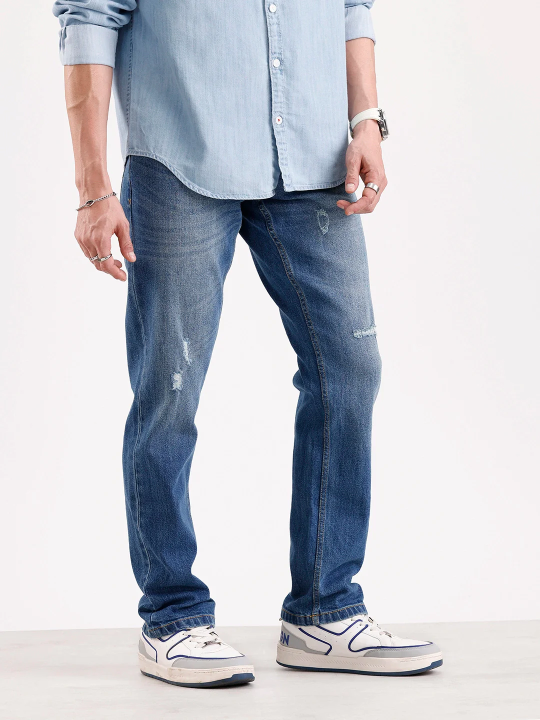 Distressed Straight Fit Denim Jeans   |  Blue - Image 4