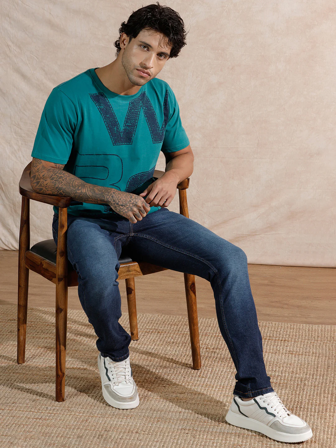 Distressed Typography Slim Fit T-Shirt | Teal - Image 2