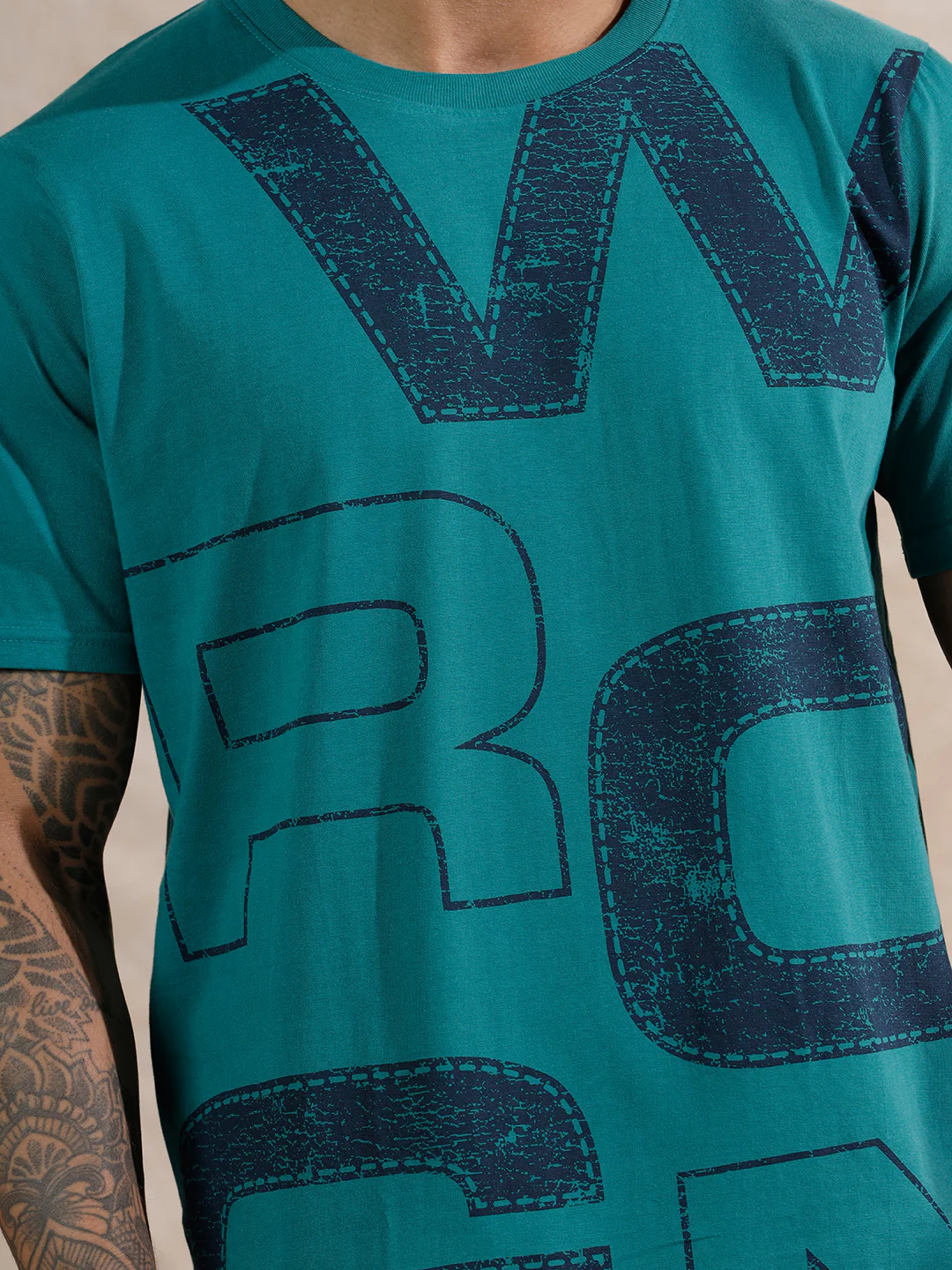Distressed Typography Slim Fit T-Shirt | Teal - Image 5