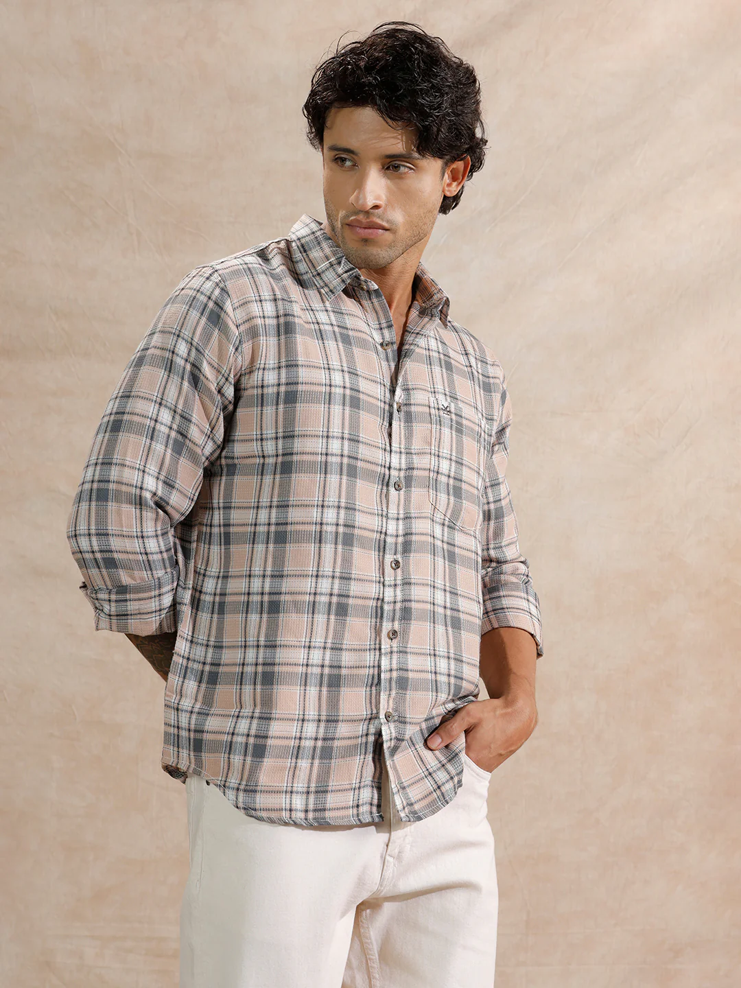 Dobby Textured Regular Fit Shirt | Beige - Image 4