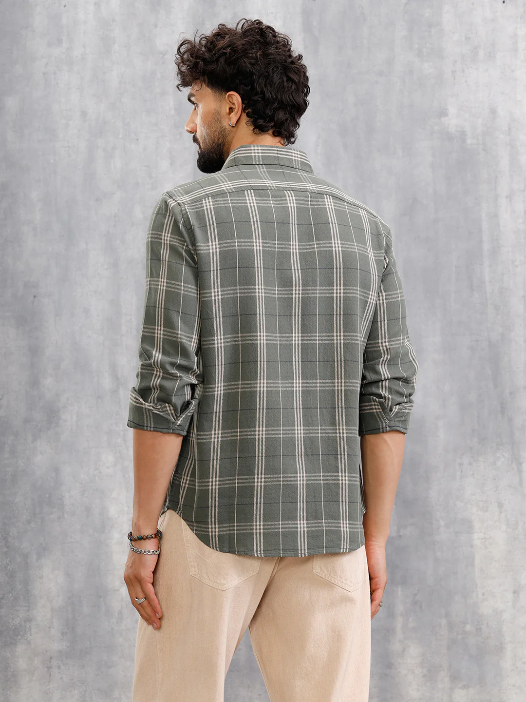Dobby Textured Tonal Check Shirt In Slim Fit | Green - Image 3