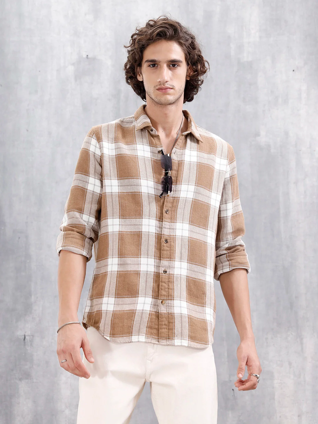 Double Layered Check Slim Fit Shirt | Brown - Image 3