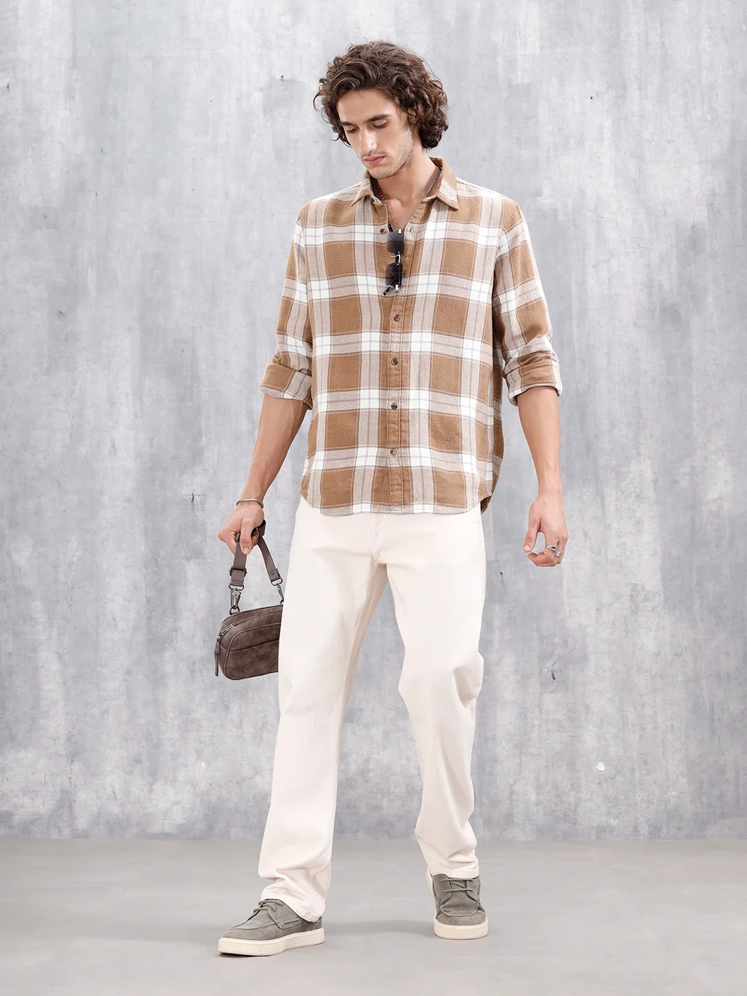 Double Layered Check Slim Fit Shirt | Brown - Image 4