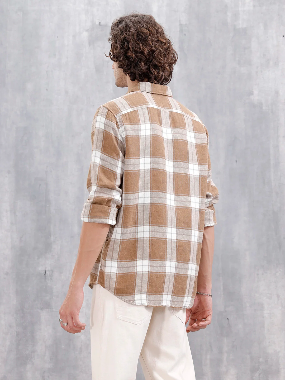 Double Layered Check Slim Fit Shirt | Brown - Image 5