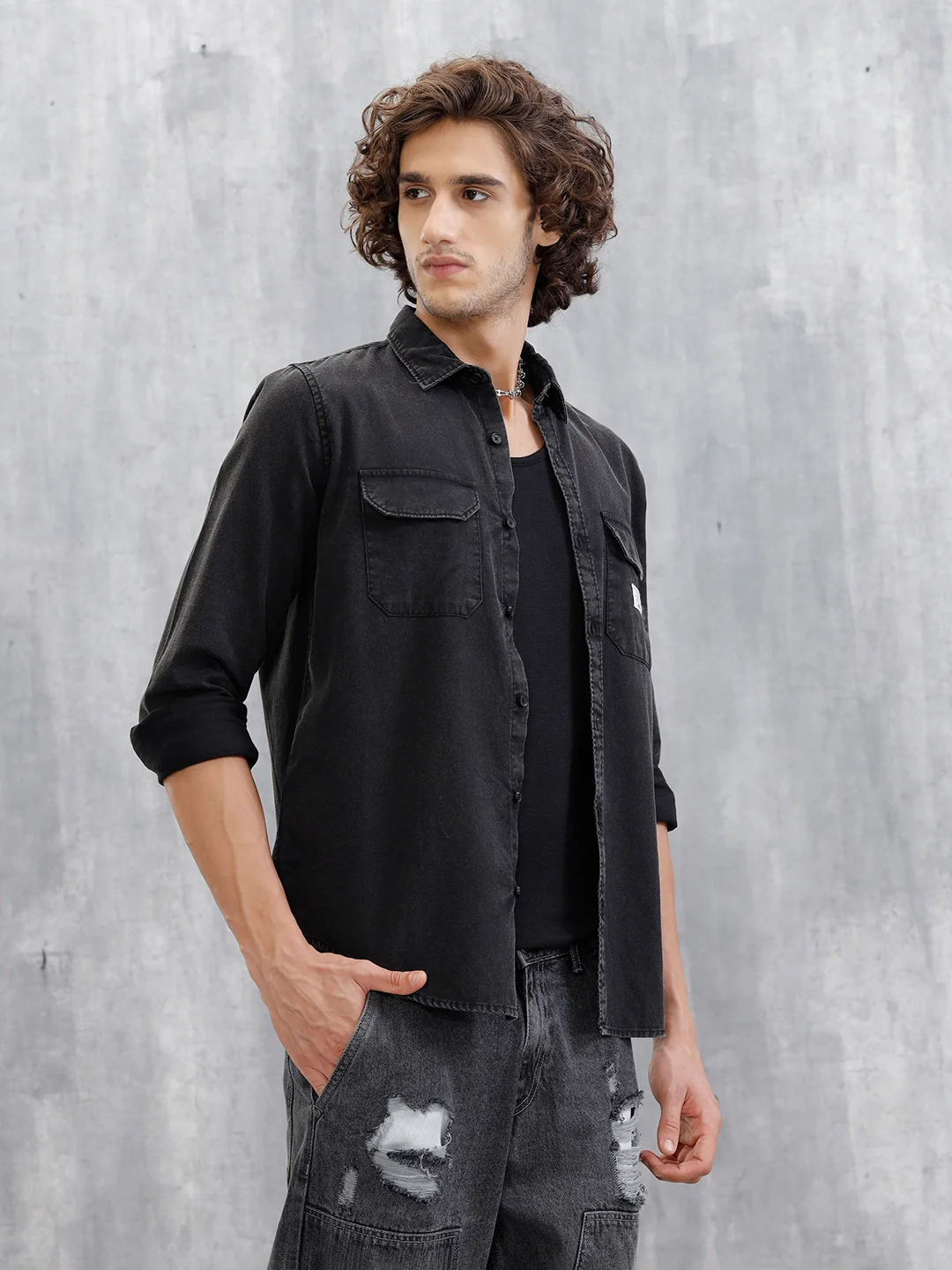 Double Pocket Overdyed Shirt | Black - Image 4