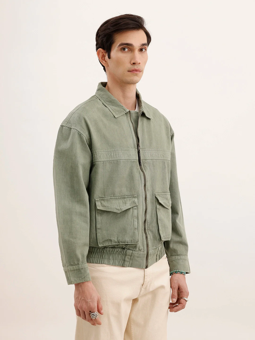 Oversized Zipper Denim Jacket | Olive - Image 4