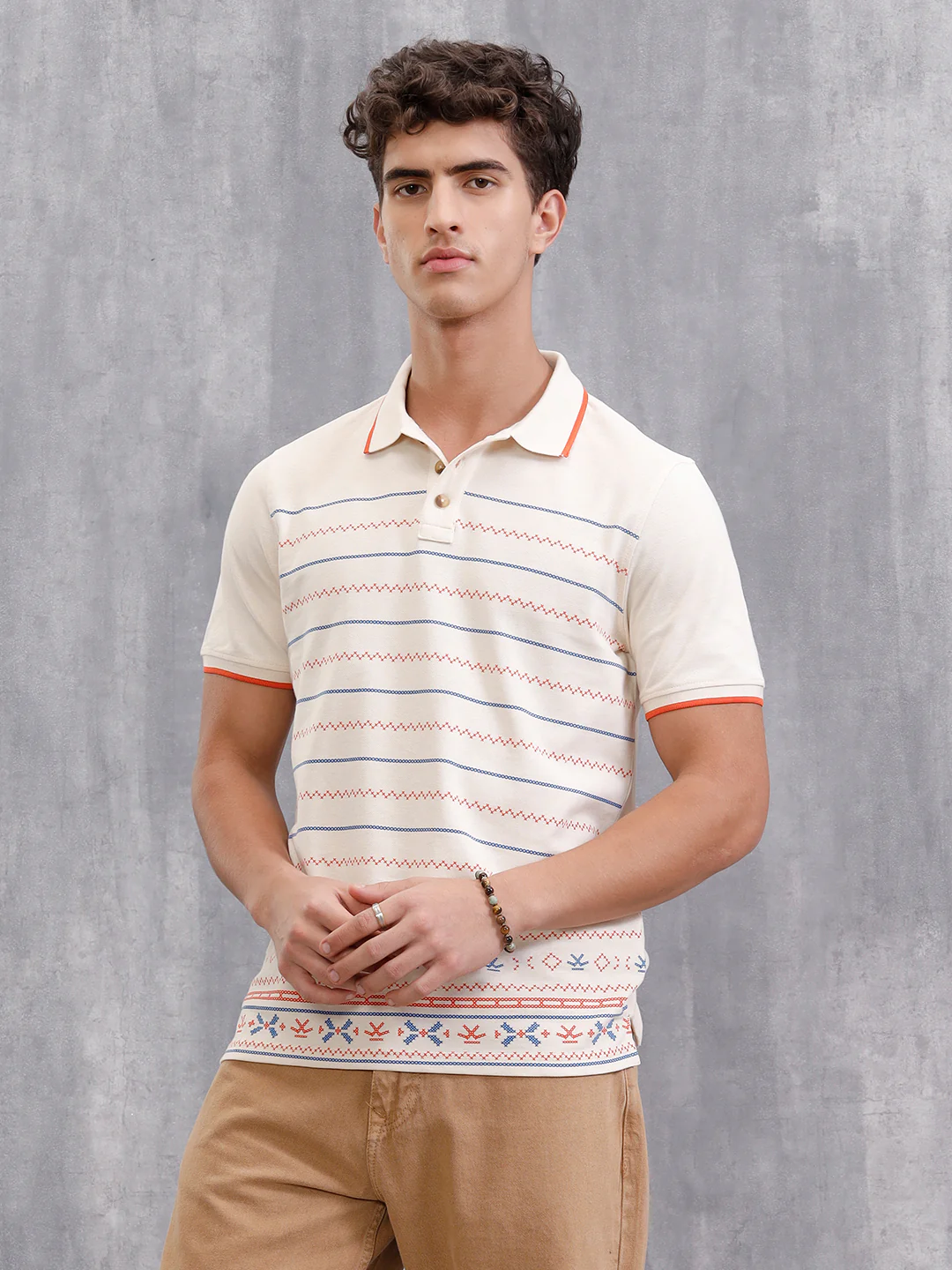 Embroidered Look Engineered Aop Polo T-Shirt  | Beige - Image 4