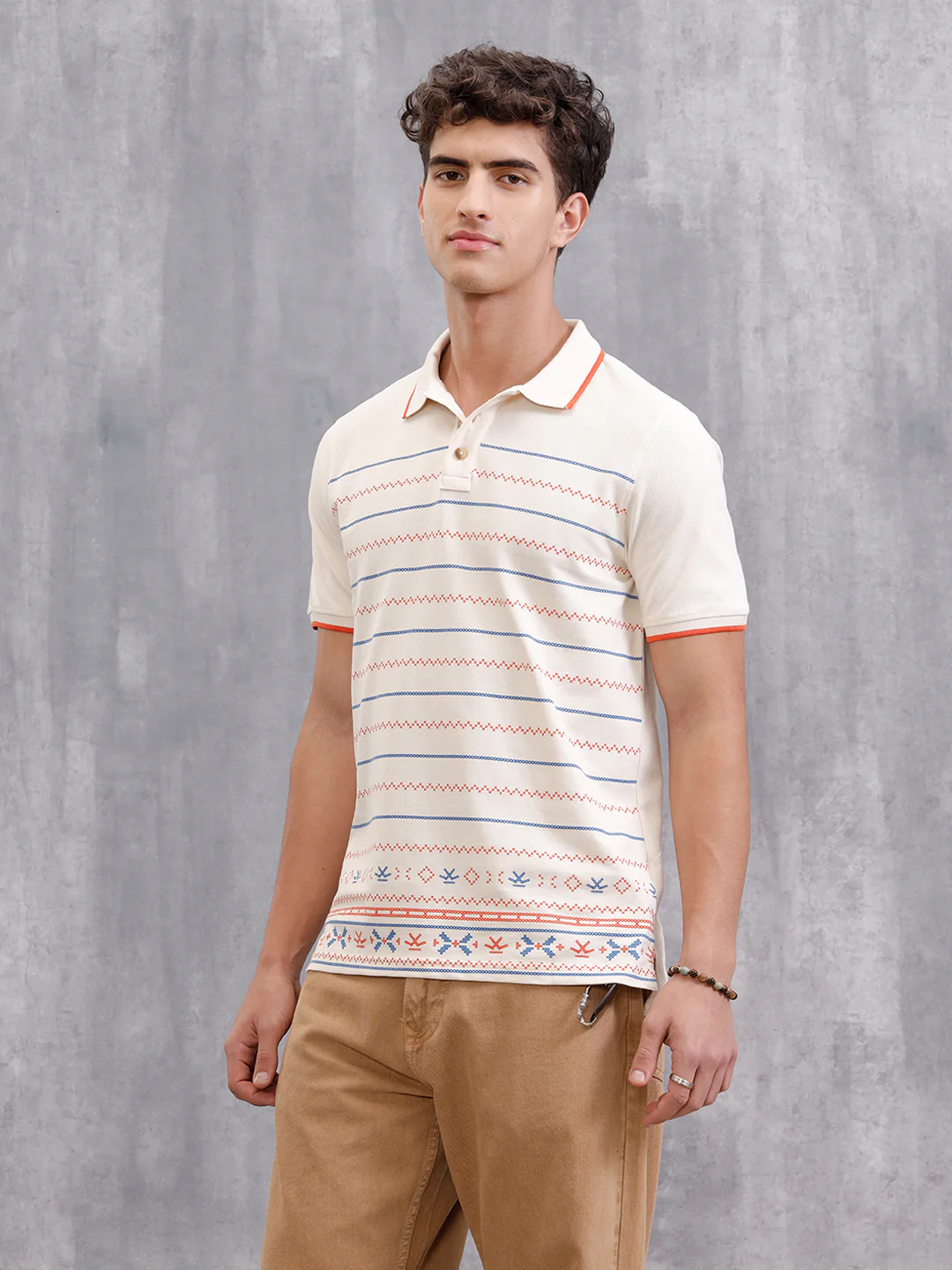 Embroidered Look Engineered Aop Polo T-Shirt  | Beige - Image 8