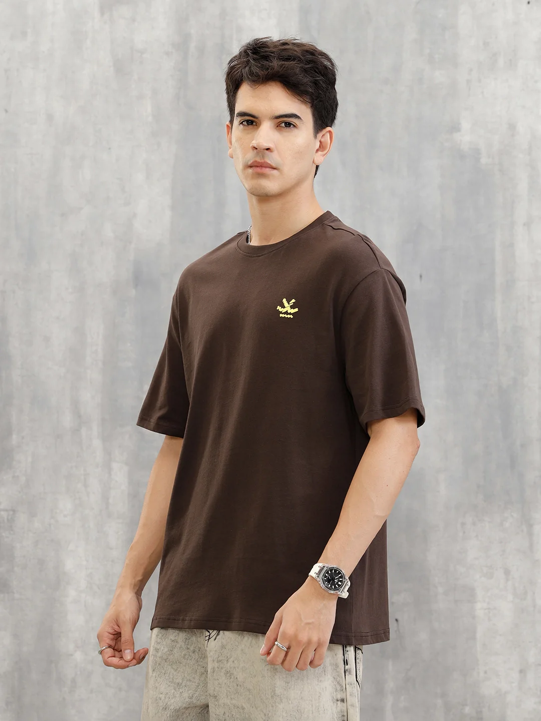 Embroidered & Printed Oversized T-Shirt | Brown - Image 3