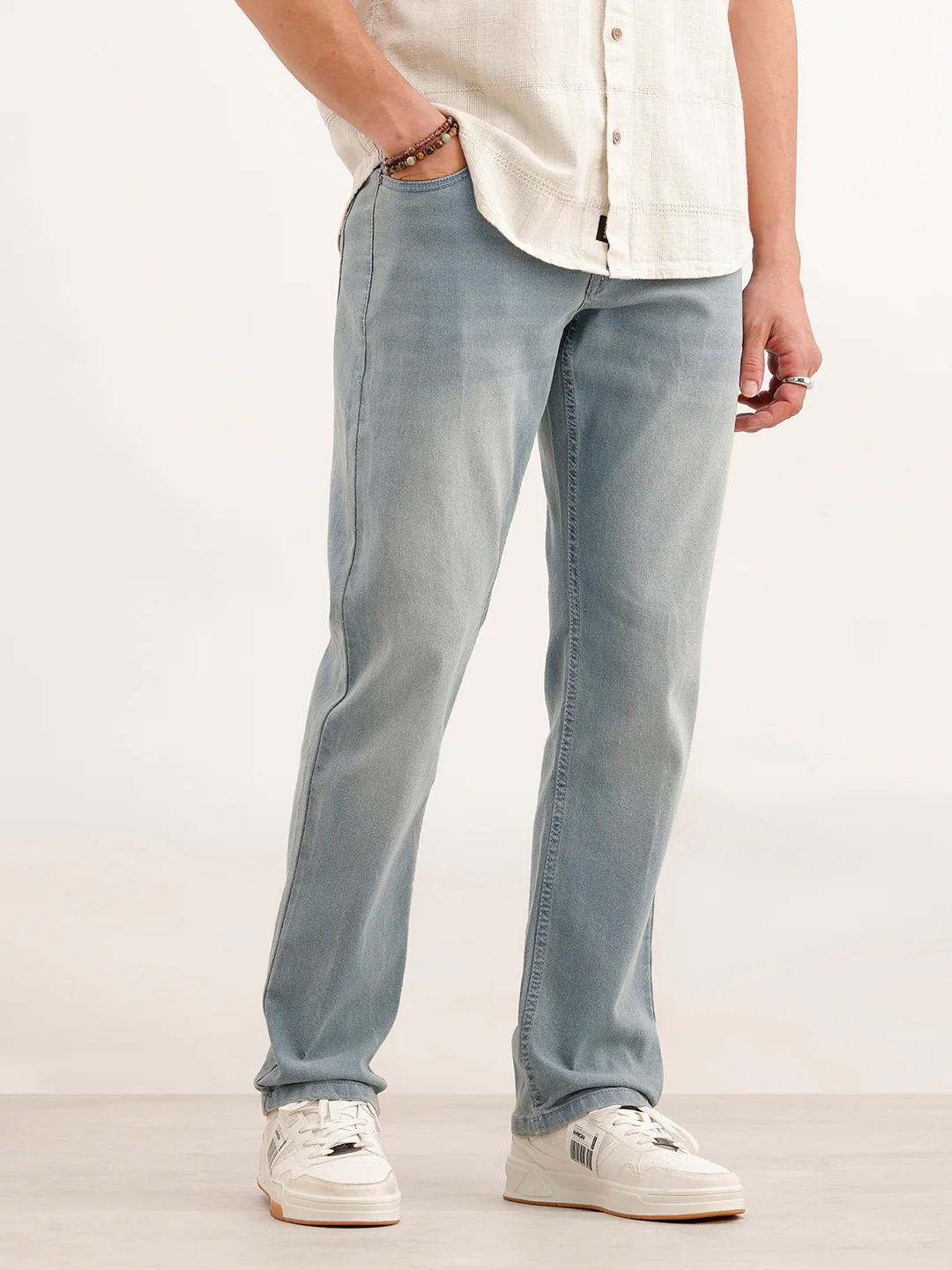 Faded Straight Fit Denim Jeans  | Light Blue - Image 4