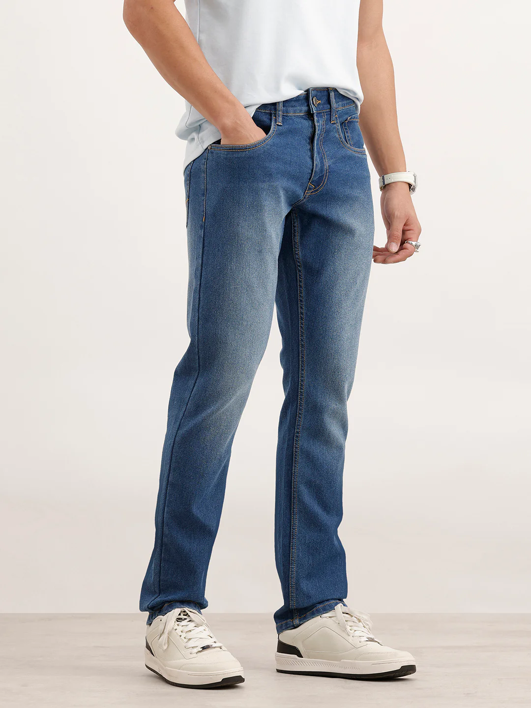Faded Straight Fit Denim Jeans  | Light Blue - Image 4