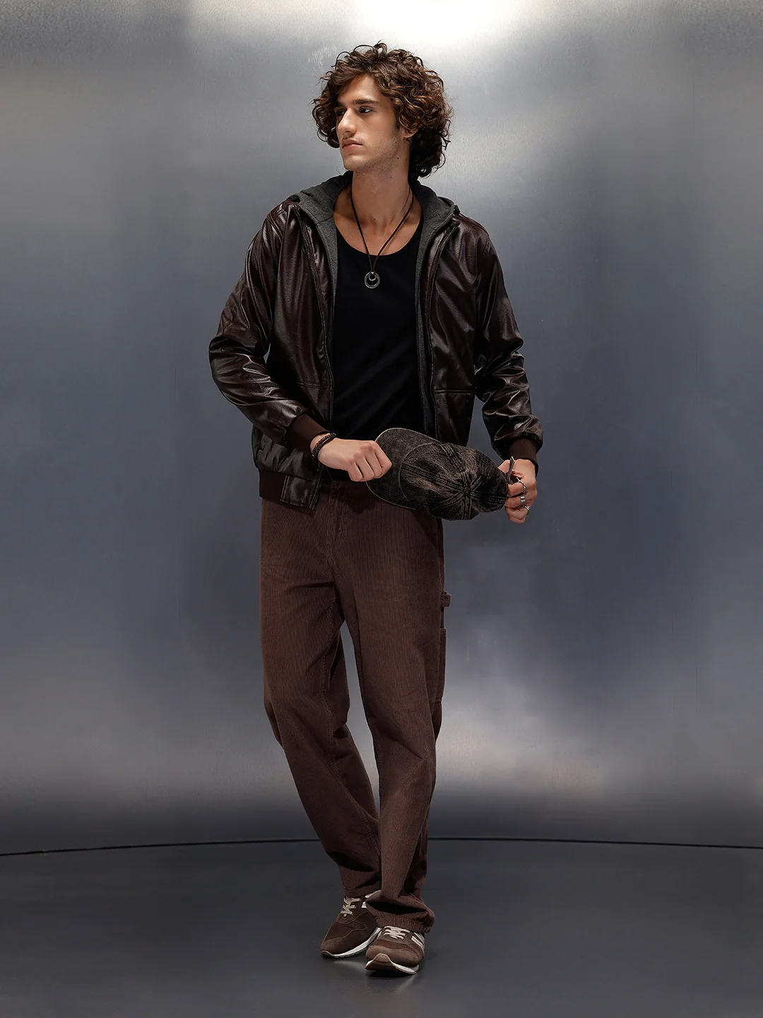 Faux Leather Mock Layer Hooded Jacket | Dark Brown - Image 2