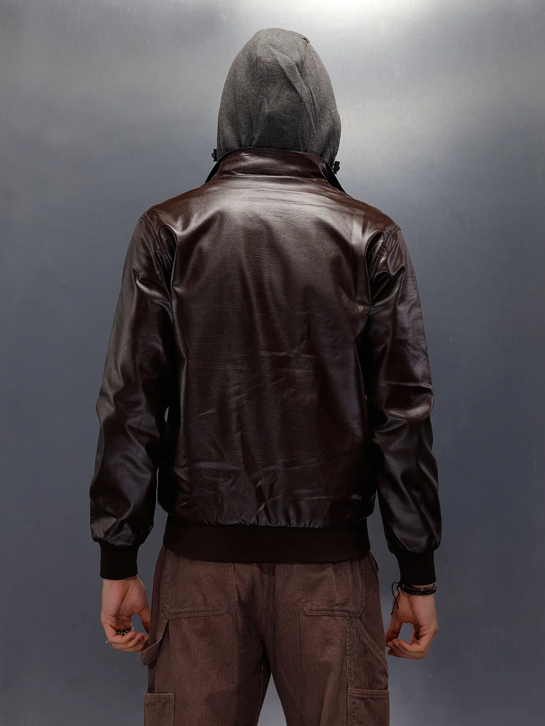 Faux Leather Mock Layer Hooded Jacket | Dark Brown - Image 3