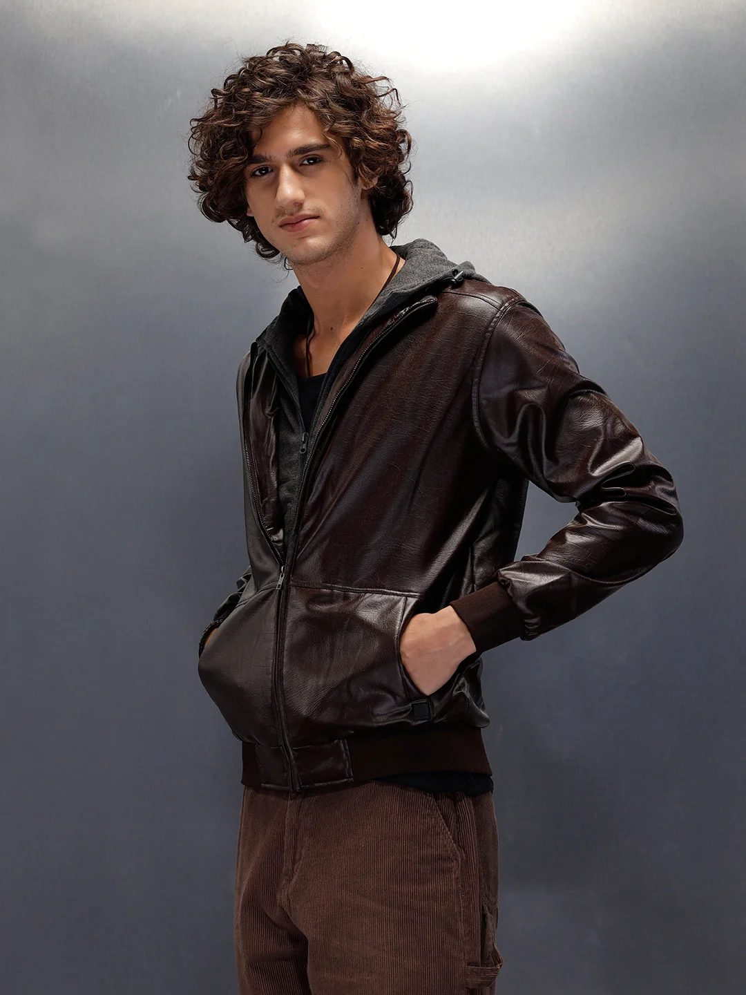 Faux Leather Mock Layer Hooded Jacket | Dark Brown - Image 4