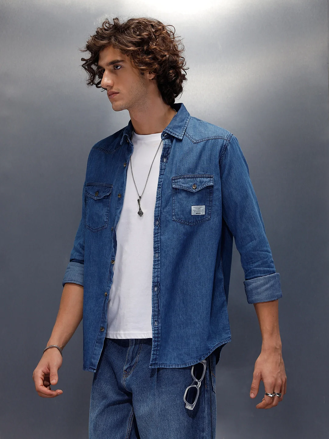 Flap Pocket Regualr Fit Denim Shirt With Branding | Blue - Image 4