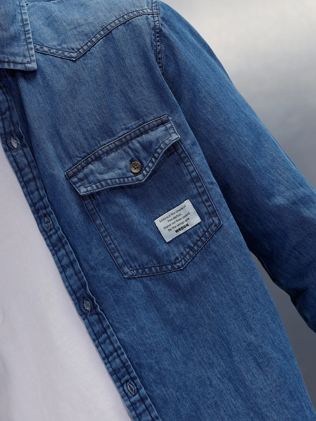 Flap Pocket Regualr Fit Denim Shirt With Branding | Blue - Image 5