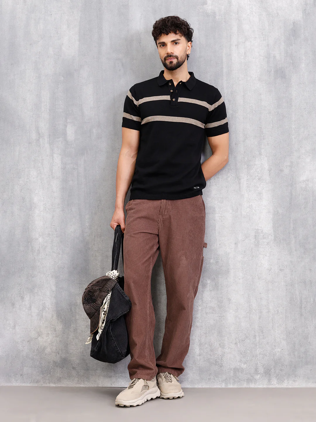 Flat Knit Striped Pattern Polo T-Shirt | Black - Image 2