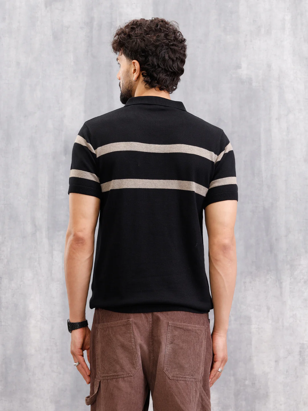 Flat Knit Striped Pattern Polo T-Shirt | Black - Image 3