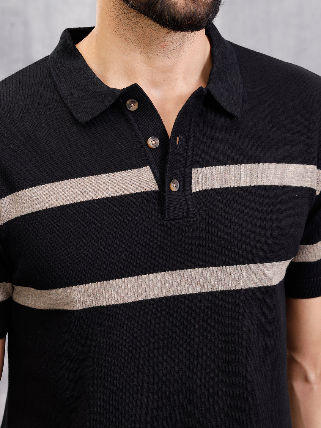 Flat Knit Striped Pattern Polo T-Shirt | Black - Image 4